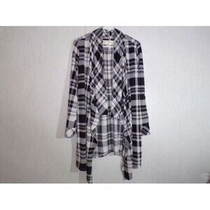 French Laundry Womens Open Front Cardigan Size M Black White Plaid Flowy Long